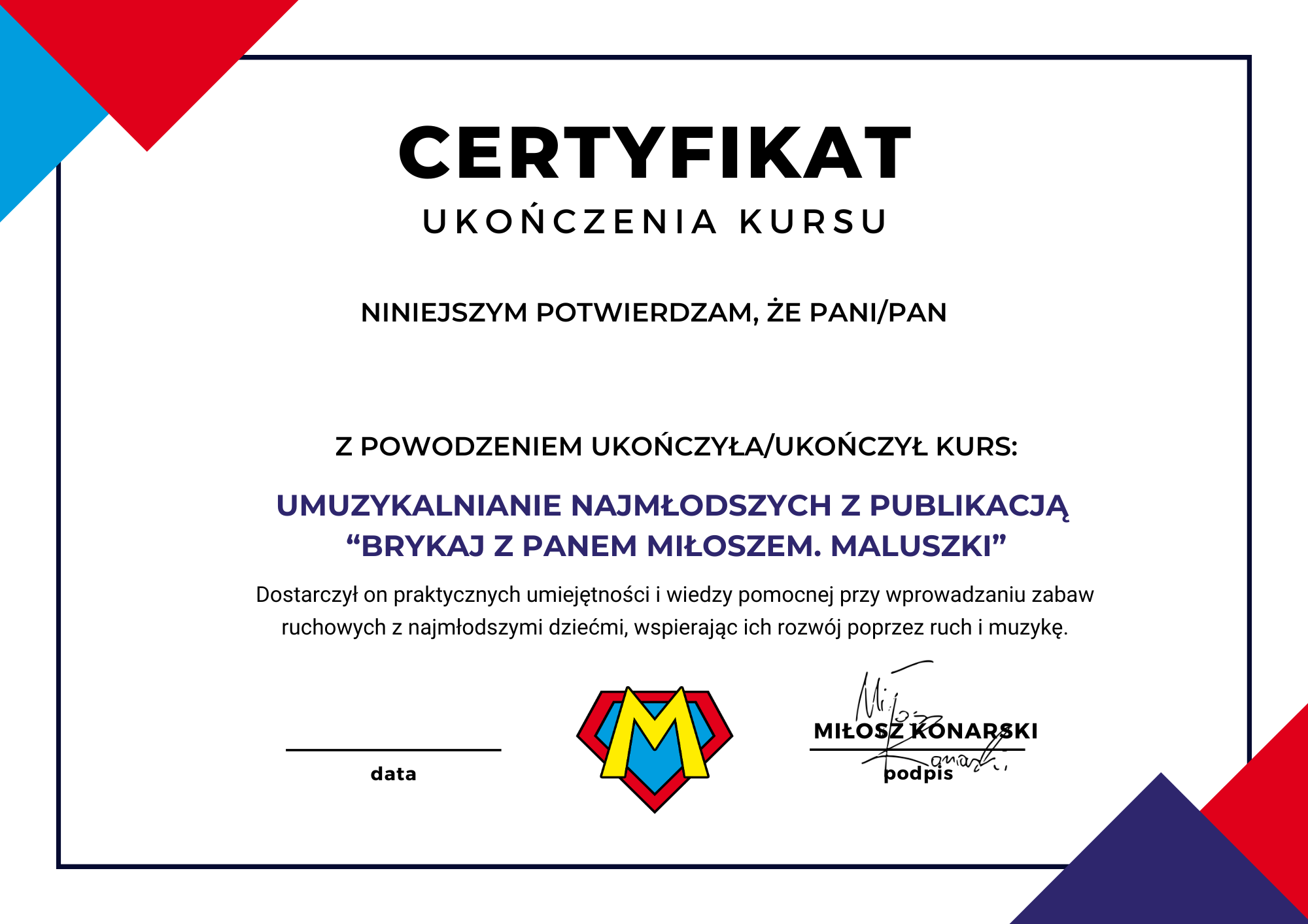 Certyfikat do kursu: Umuzykalnianie najmłodszych z publikacją 