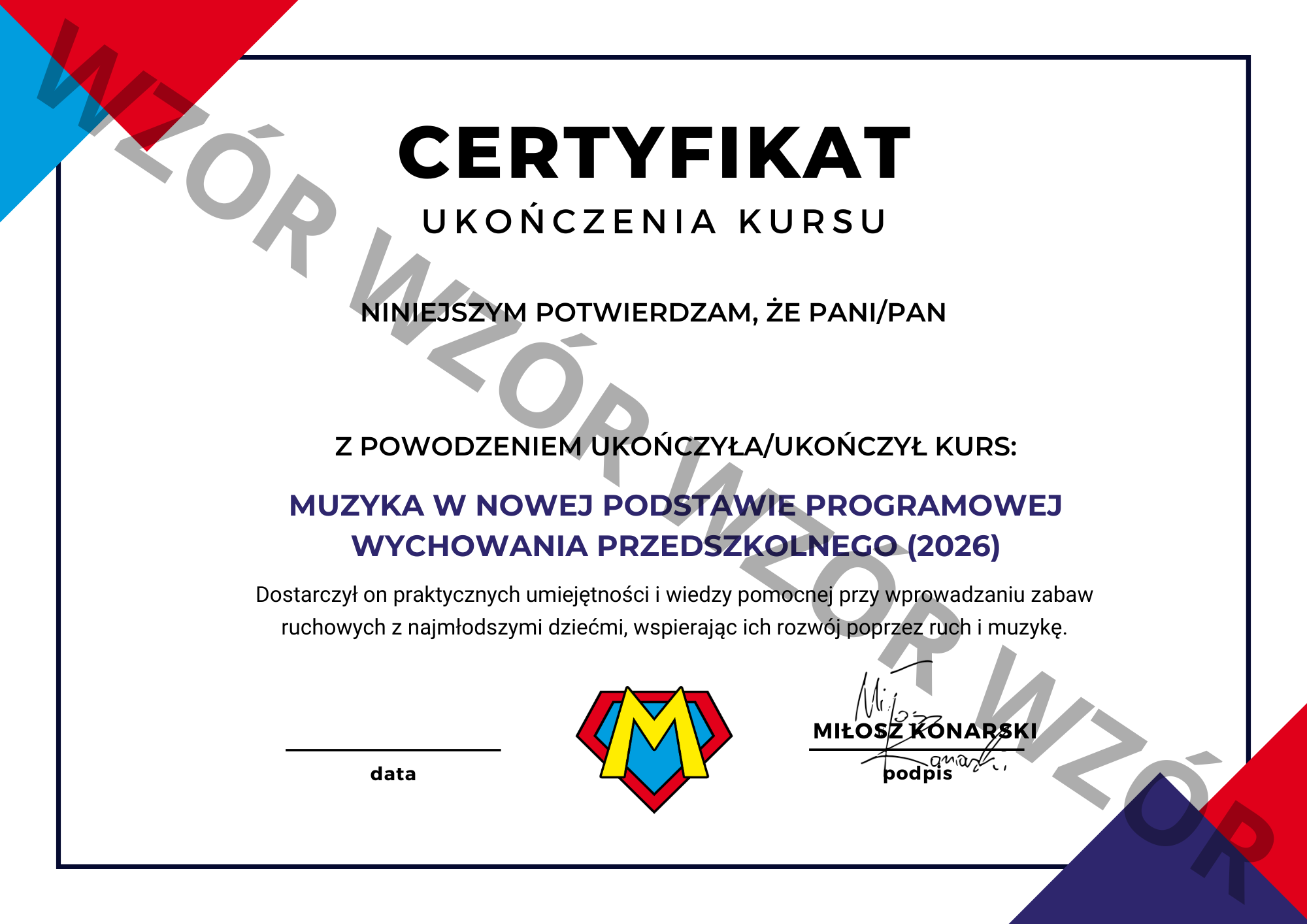 Certyfikat do webinaru: Muzyka w nowej podstawie programowej wychowania przedszkolnego (2026)